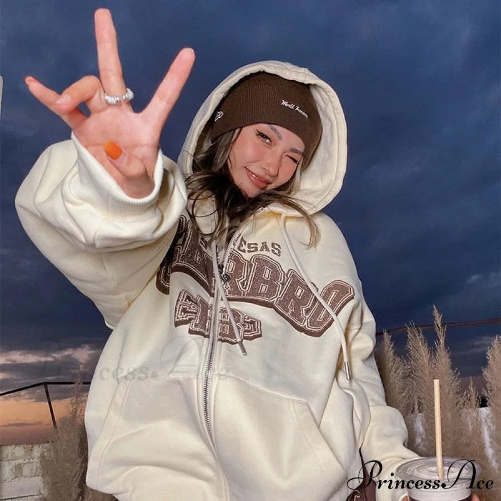 Letter Embroidery Vintage Loose Zipper Hoodies