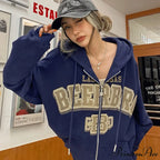 Letter Embroidery Vintage Loose Zipper Hoodies