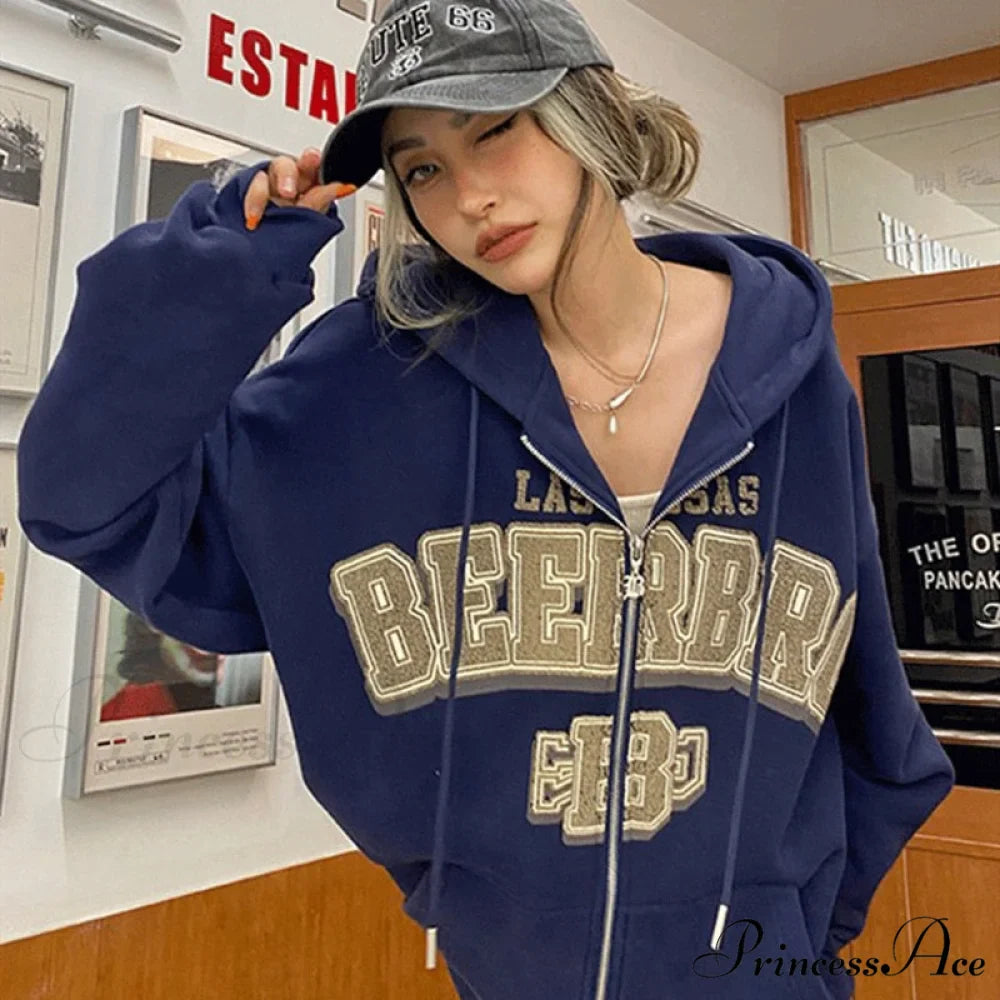 Letter Embroidery Vintage Loose Zipper Hoodies