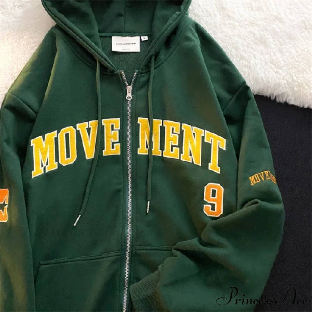Letter Embroidery Vintage Loose Zipper Hoodies