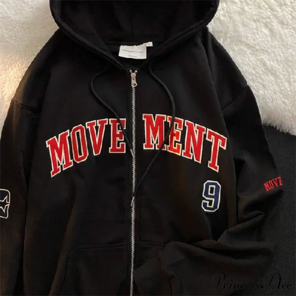 Letter Embroidery Vintage Loose Zipper Hoodies