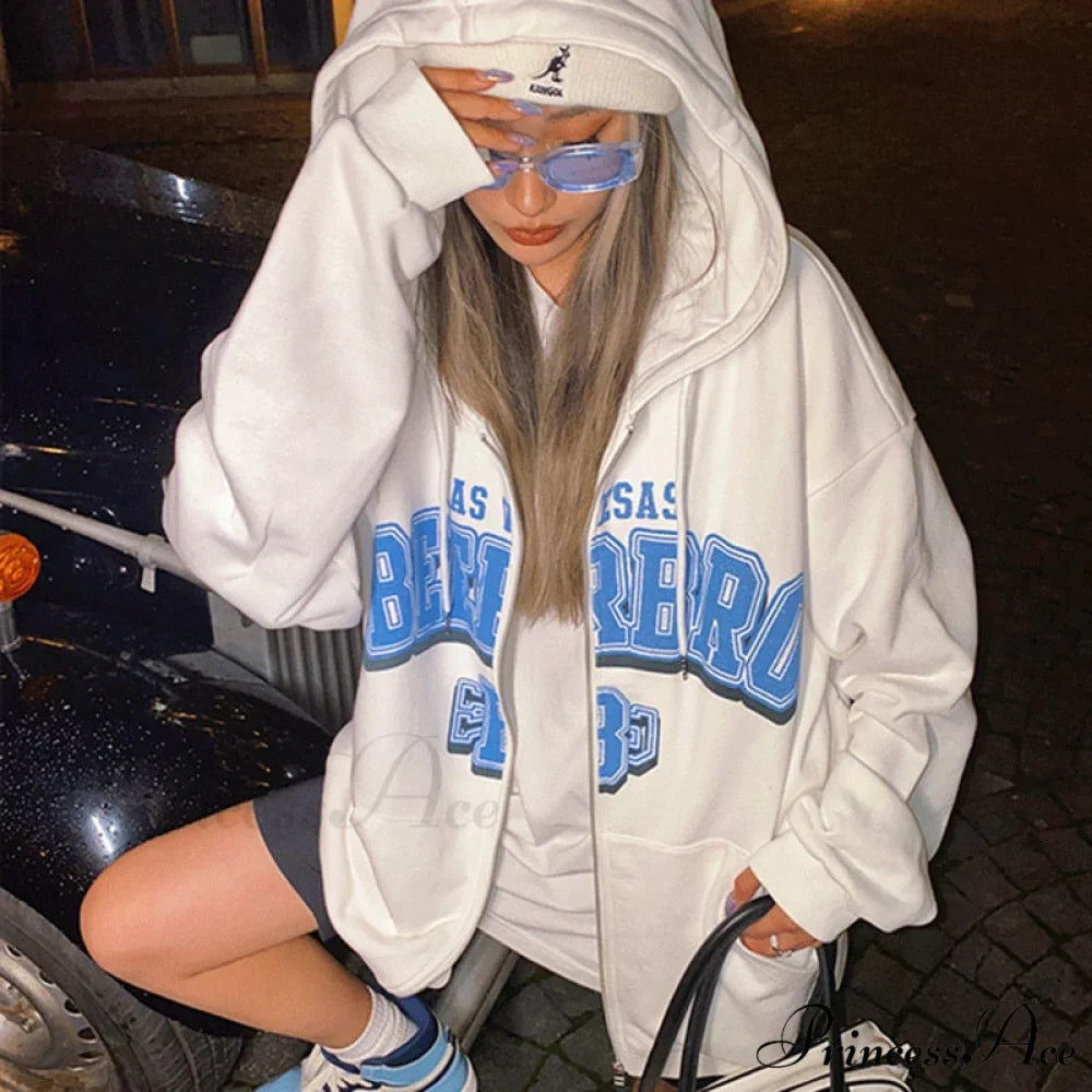 Letter Embroidery Vintage Loose Zipper Hoodies