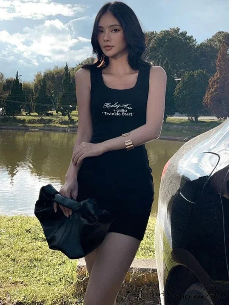 Letter Print Ribbed Tank Bodycon Mini Dress