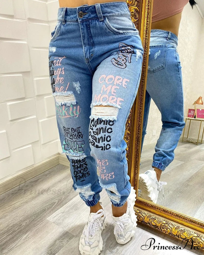 Letter Print Slant Pocket Ripped Jeans