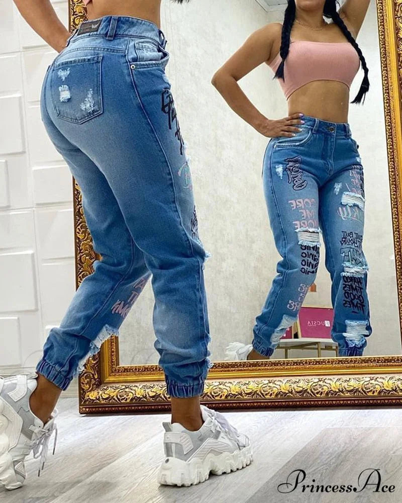 Letter Print Slant Pocket Ripped Jeans