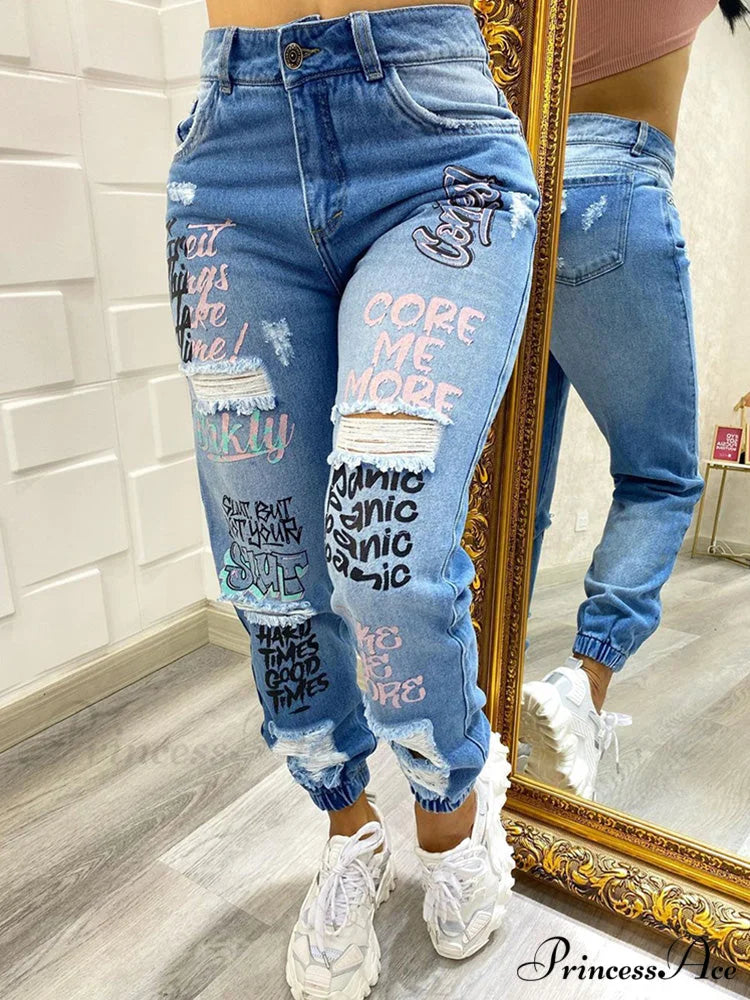 Letter Print Slant Pocket Ripped Jeans