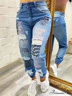 Letter Print Slant Pocket Ripped Jeans