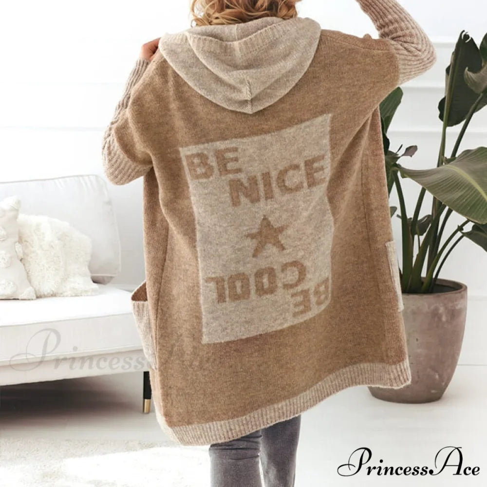 Letter Print Winter Warm Jacket Colorblock Hooded Cardigan