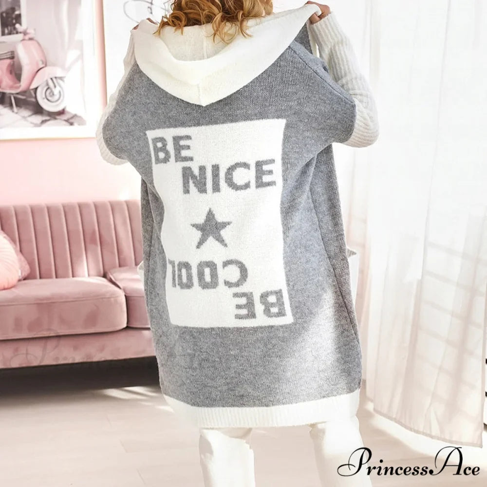 Letter Print Winter Warm Jacket Colorblock Hooded Cardigan