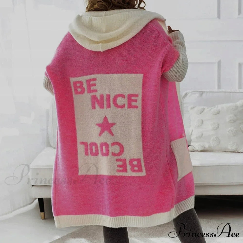 Letter Print Winter Warm Jacket Colorblock Hooded Cardigan