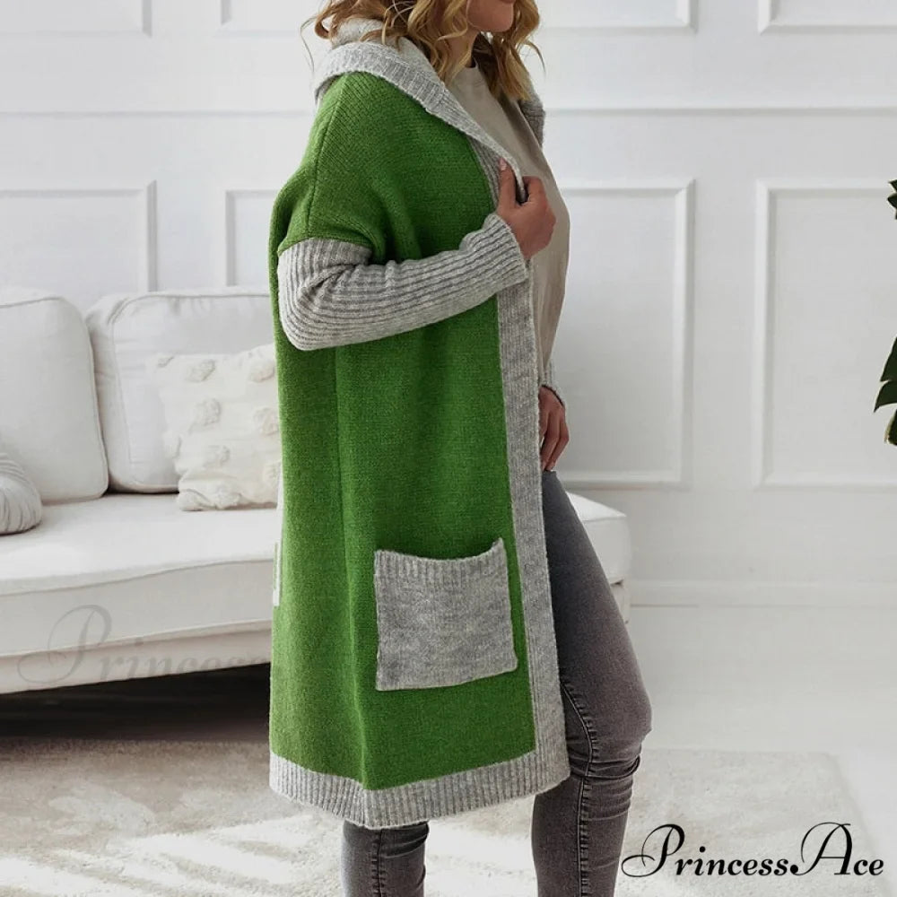 Letter Print Winter Warm Jacket Colorblock Hooded Cardigan