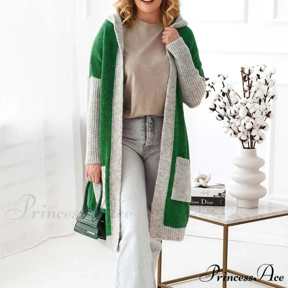 Letter Print Winter Warm Jacket Colorblock Hooded Cardigan