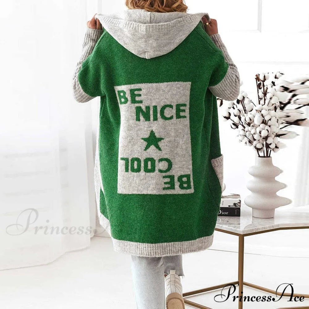 Letter Print Winter Warm Jacket Colorblock Hooded Cardigan