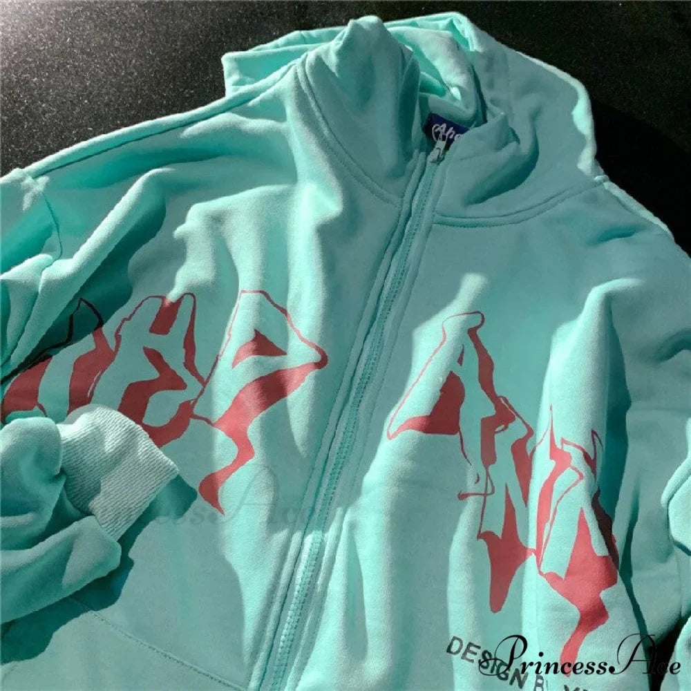 Letter Print Zip Up Hoodies