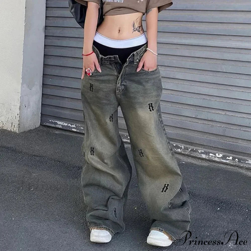 Letter Straight Wide Leg Denim Low Waist Vintage 2024 Oversized Hip Hop Harajuku Cargo Jean