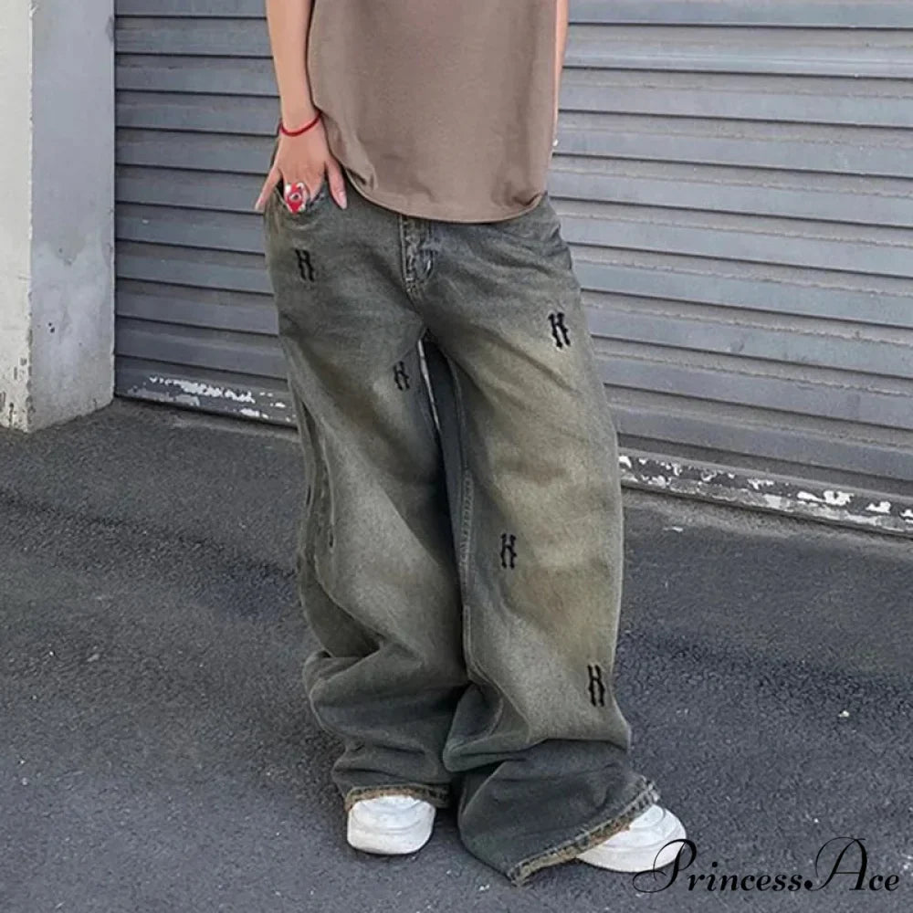 Letter Straight Wide Leg Denim Low Waist Vintage 2024 Oversized Hip Hop Harajuku Cargo Jean