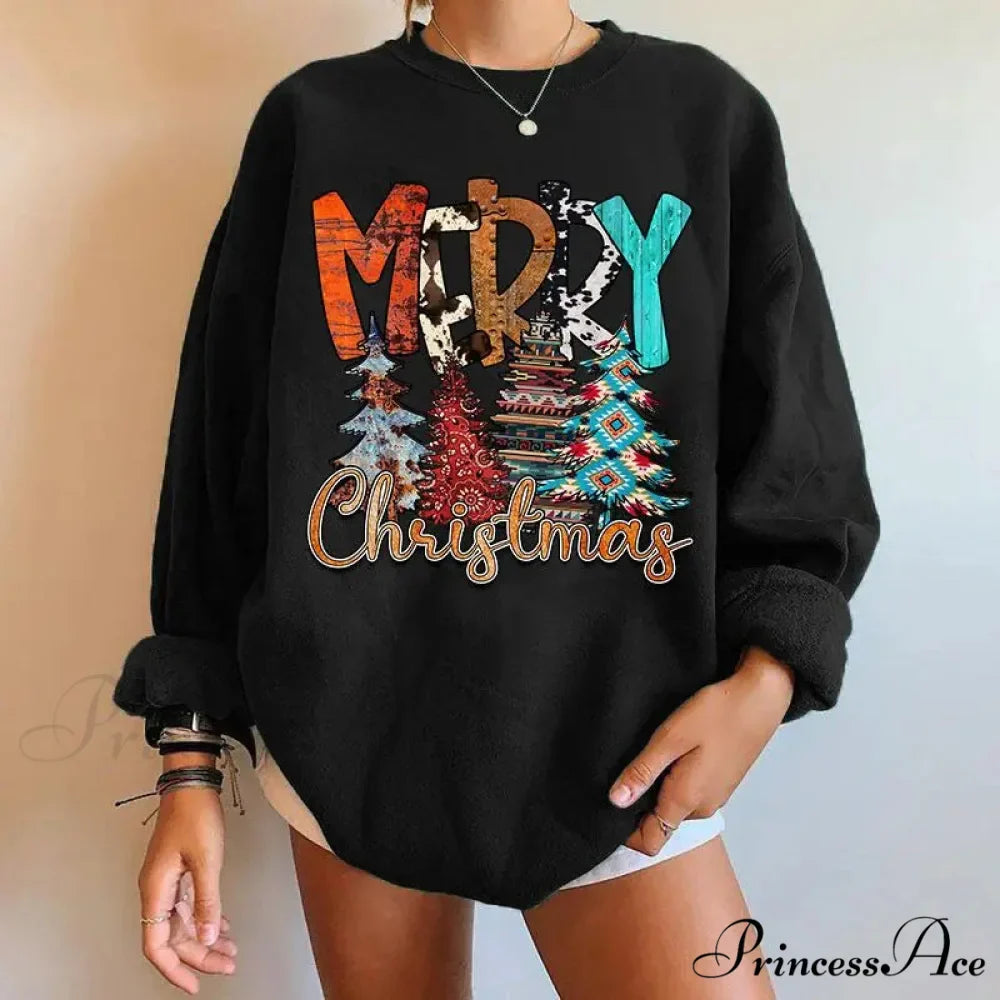 Letter Tree Print Round Neck Fleece Anime Christmas Hoodie - Large Size