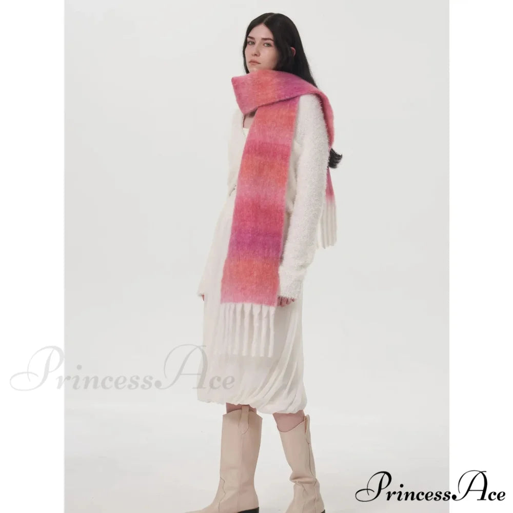 Light Luxury Gradient Color Wool Striped Fringed Mohair Scarf