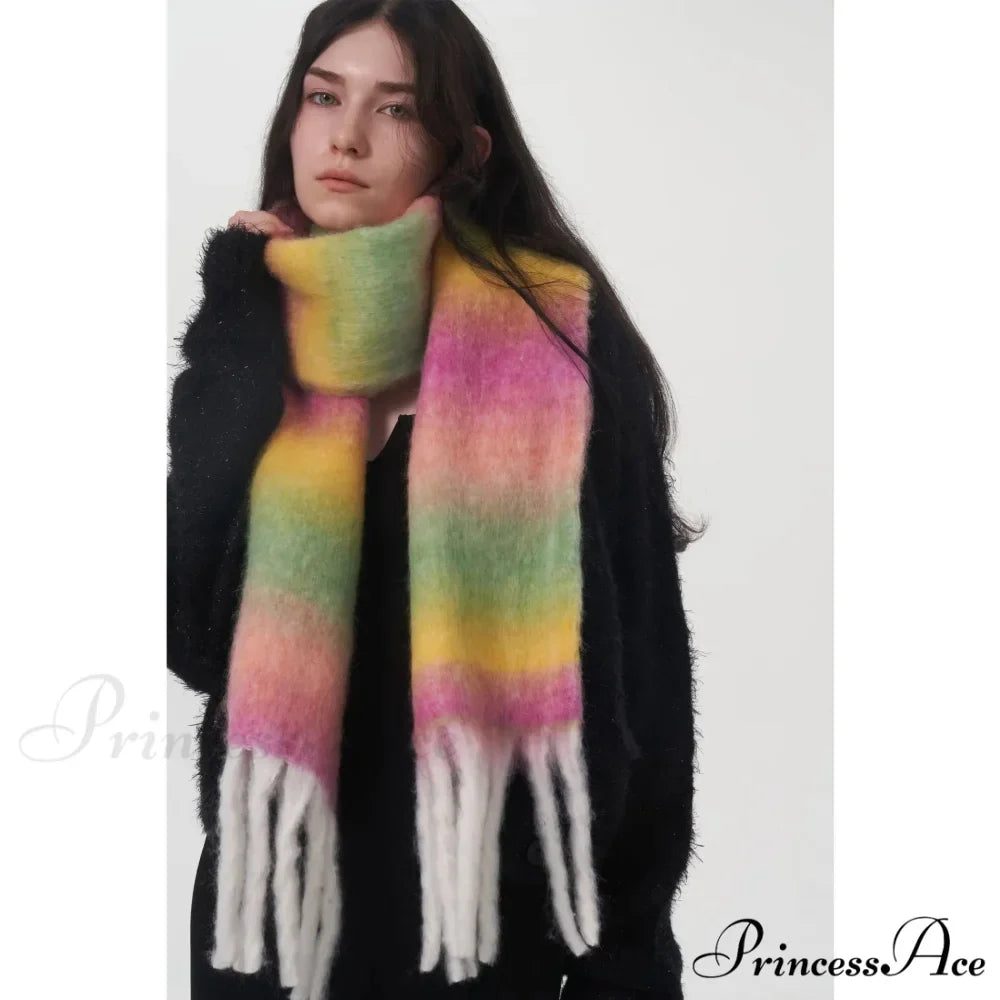 Light Luxury Gradient Color Wool Striped Fringed Mohair Scarf