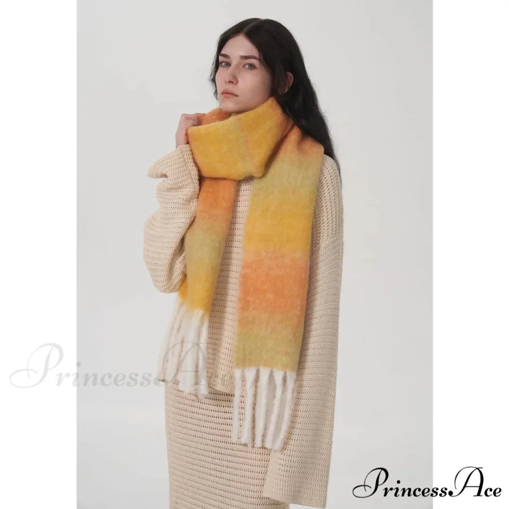 Light Luxury Gradient Color Wool Striped Fringed Mohair Scarf