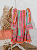 Linen Blend Ethnic Print Graceful Off Shoulder Loose Mini Dress