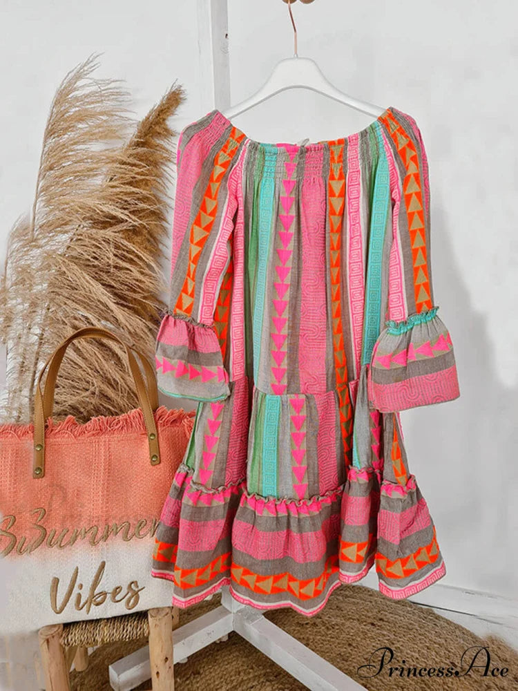 Linen Blend Ethnic Print Graceful Off Shoulder Loose Mini Dress