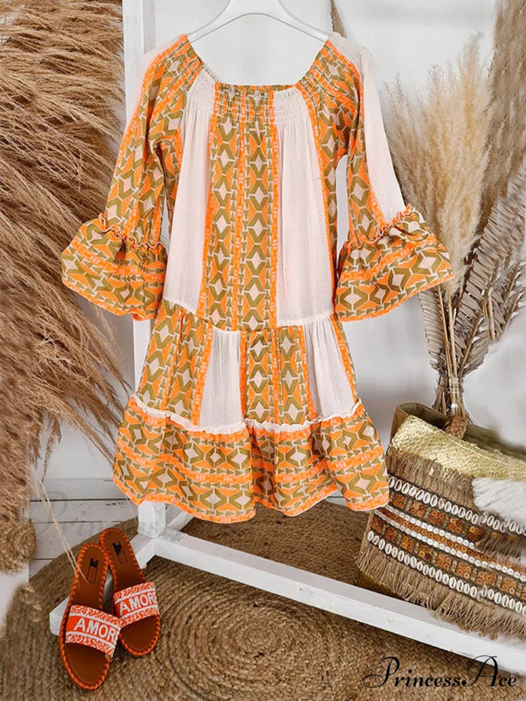 Linen Blend Ethnic Print Graceful Off Shoulder Loose Mini Dress
