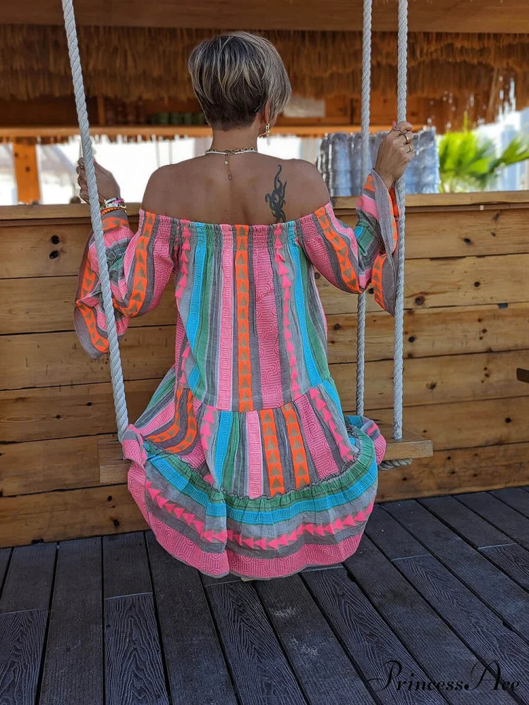 Linen Blend Ethnic Print Graceful Off Shoulder Loose Mini Dress