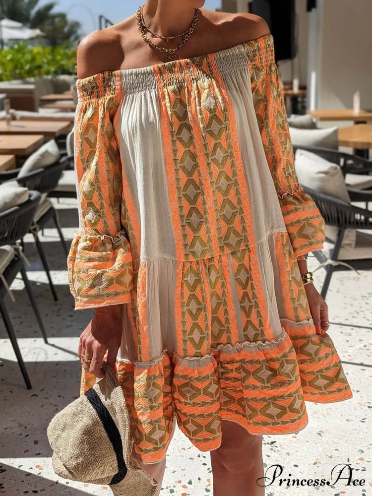 Linen Blend Ethnic Print Graceful Off Shoulder Loose Mini Dress