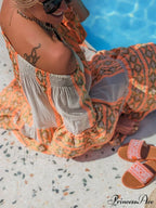 Linen Blend Ethnic Print Graceful Off Shoulder Loose Mini Dress