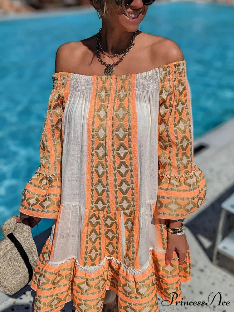 Linen Blend Ethnic Print Graceful Off Shoulder Loose Mini Dress
