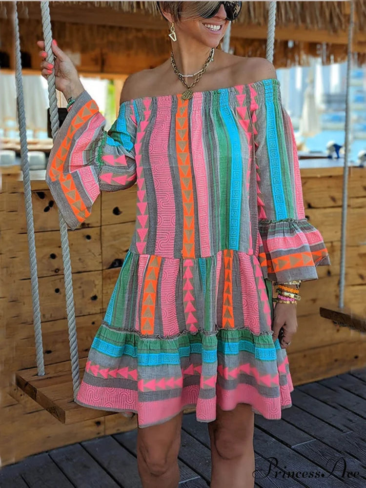 Linen Blend Ethnic Print Graceful Off Shoulder Loose Mini Dress
