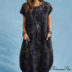 Linen Loose Round-neck Floral Dress
