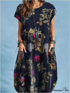 Linen Loose Round-neck Floral Dress