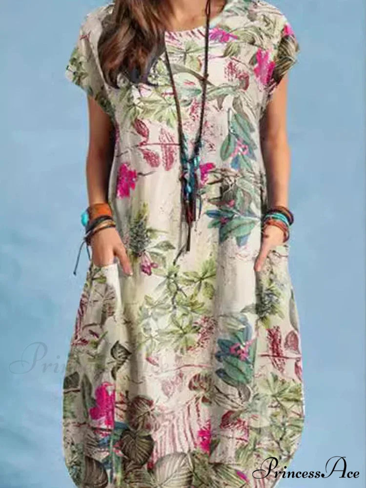 Linen Loose Round-neck Floral Dress