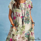 Linen Loose Round-neck Floral Dress