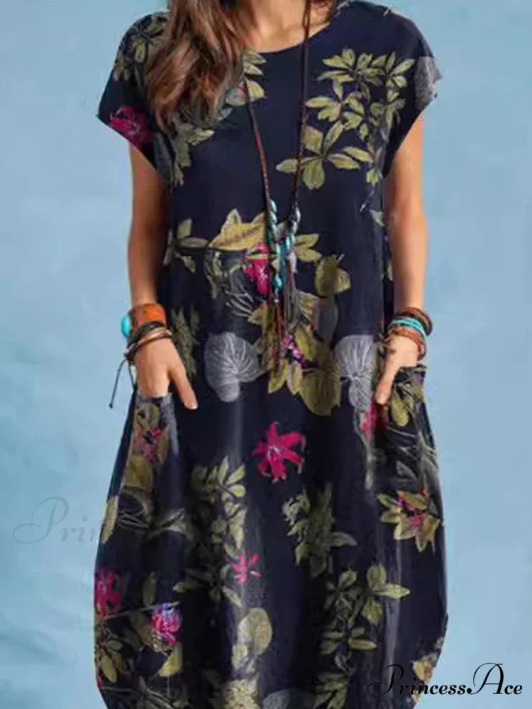 Linen Loose Round-neck Floral Dress
