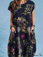 Linen Loose Round-neck Floral Dress