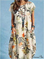 Linen Loose Round-neck Floral Dress