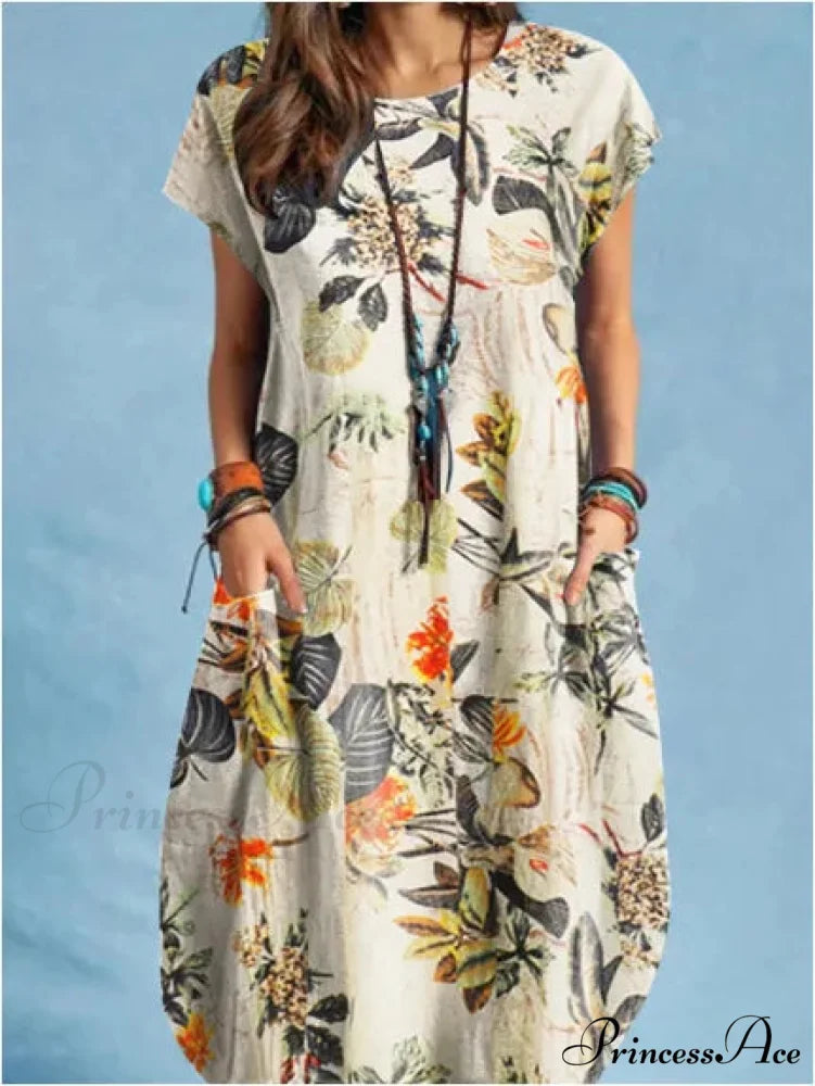 Linen Loose Round-neck Floral Dress