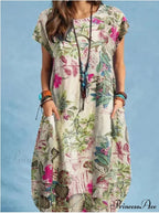 Linen Loose Round-neck Floral Dress