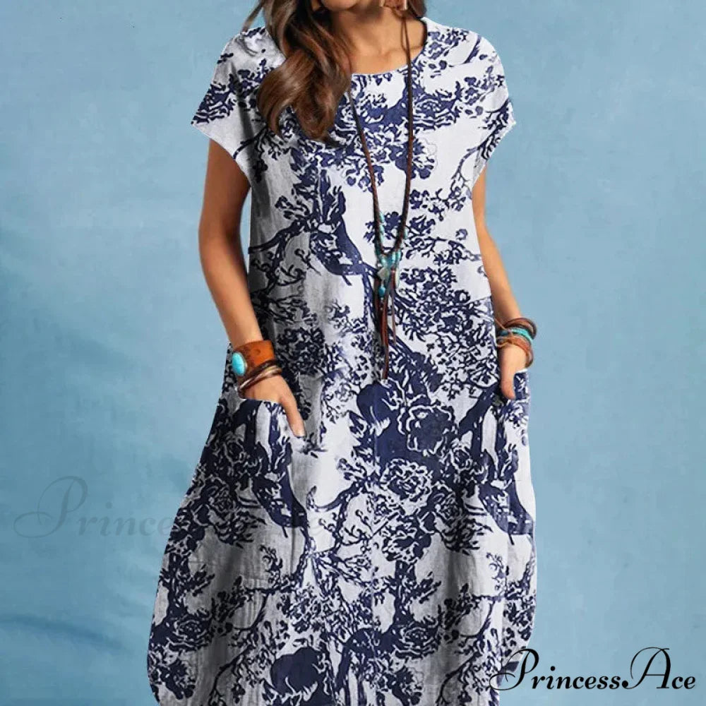 Linen Loose Round-neck Floral Dress