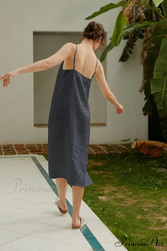 Linen Slip Dress with Daisy Embroidery