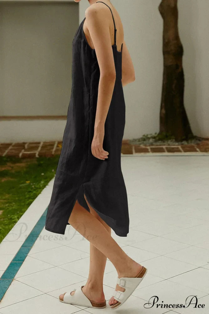 Linen Slip Dress with Daisy Embroidery