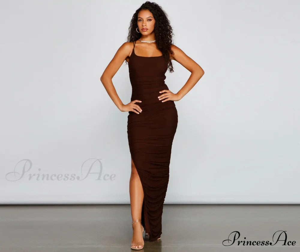 Liza Formal Ruched Charming High Slit Dress