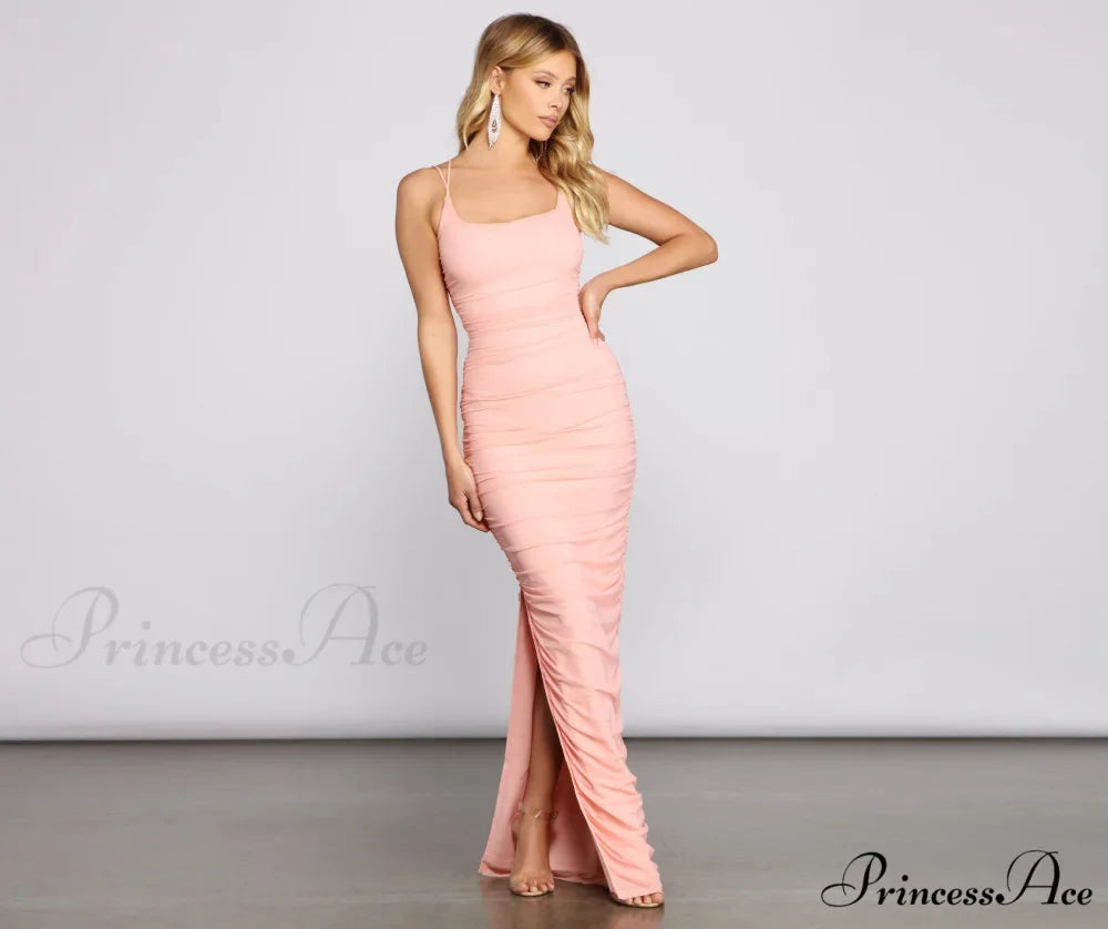 Liza Formal Ruched Charming High Slit Dress