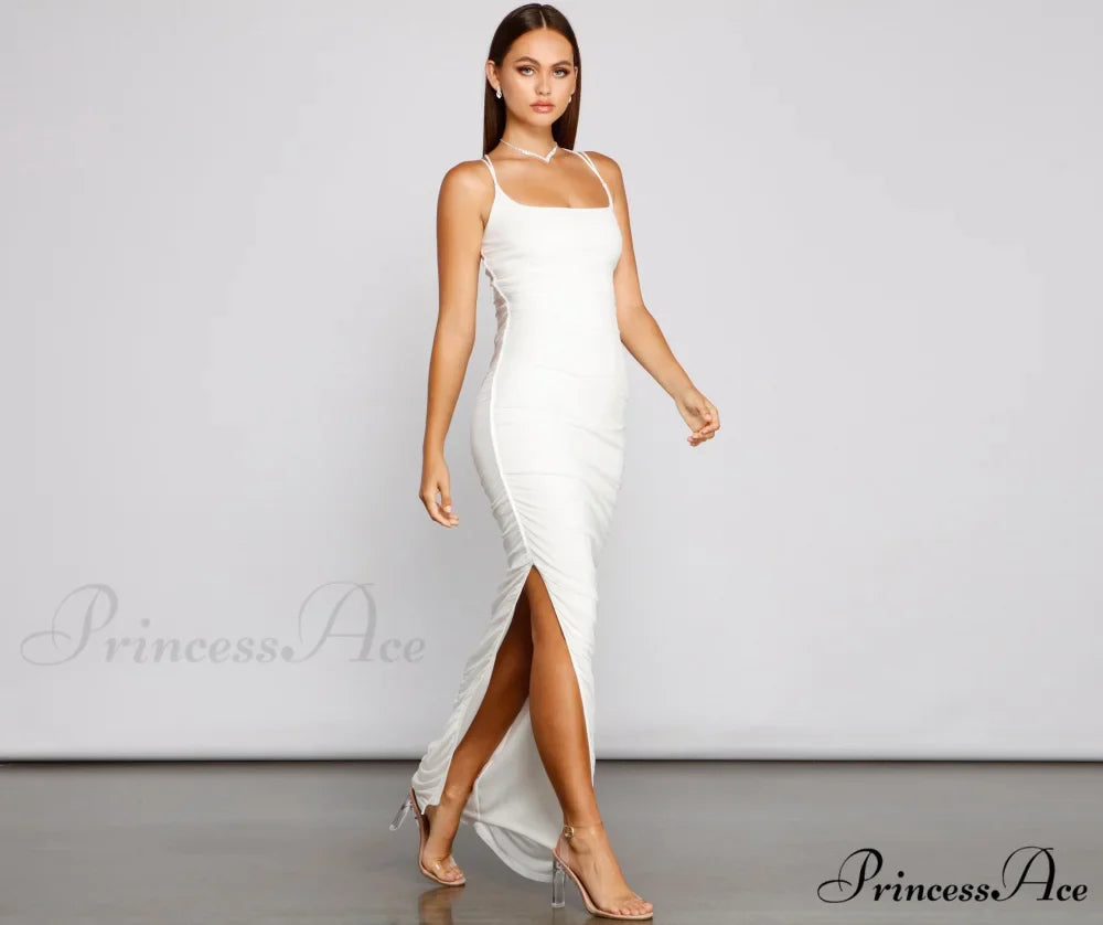 Liza Formal Ruched Charming High Slit Dress