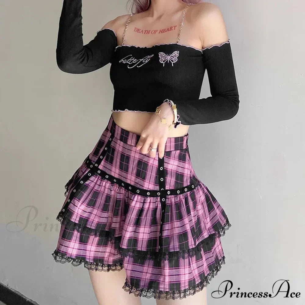 Lolita Cake Gothic Japanese Harajuku Purple Pink Plaid Pleated Skirt