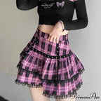 Lolita Cake Gothic Japanese Harajuku Purple Pink Plaid Pleated Skirt