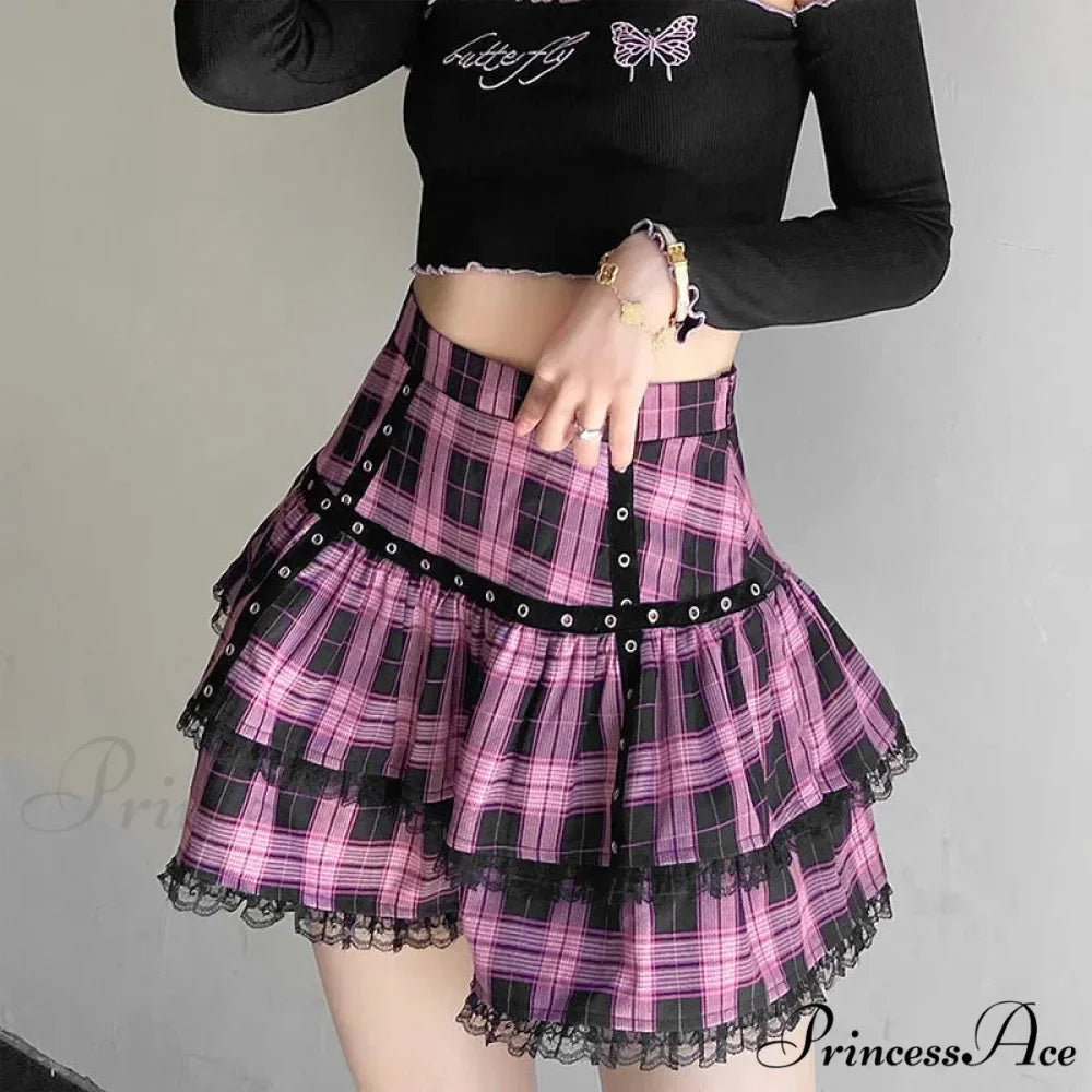 Lolita Cake Gothic Japanese Harajuku Purple Pink Plaid Pleated Skirt